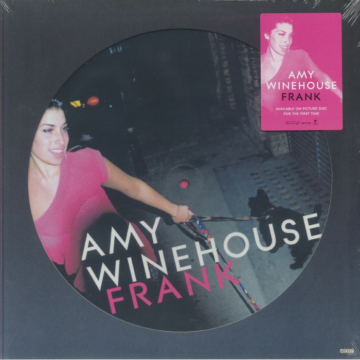 Amy Winehouse 'Frank' vinyl record album cover, showing a circular photo of the artist in a pink top against a dark background, with a bright pink square cover insert in the top right.