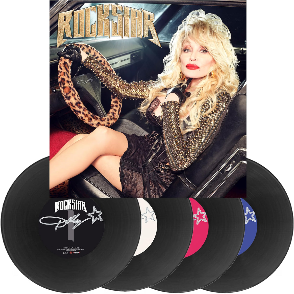 Rockstar vinyl record album package with a large cover photo of Dolly Parton in a car and five vinyl records fanned out below in black with white, silver, pink, and blue center labels.