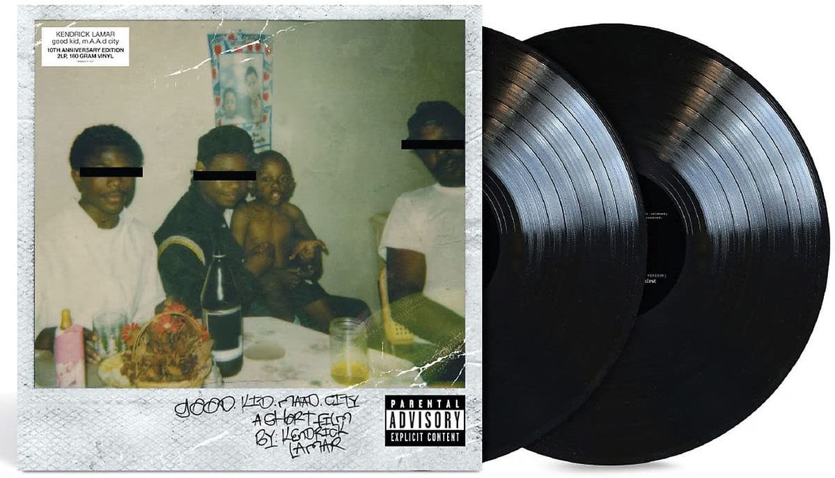 A double vinyl record album shown with its illustrated cover sleeve on a plain white background. The sleeve features a vintage-style family photograph with blacked-out faces and handwritten text near the bottom.
