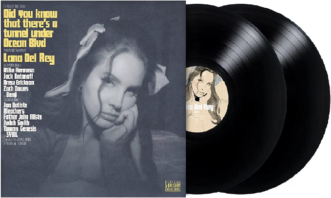 Lana Del Rey 'Did You Know That There's a Tunnel Under Dream Bud' vinyl record album with the printed cover on the left and two black records partially visible on the right.
