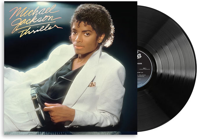 Michael Jackson Thriller vinyl record album with the cover art on the left and the black LP record partially visible on the right, shown on a plain white background.