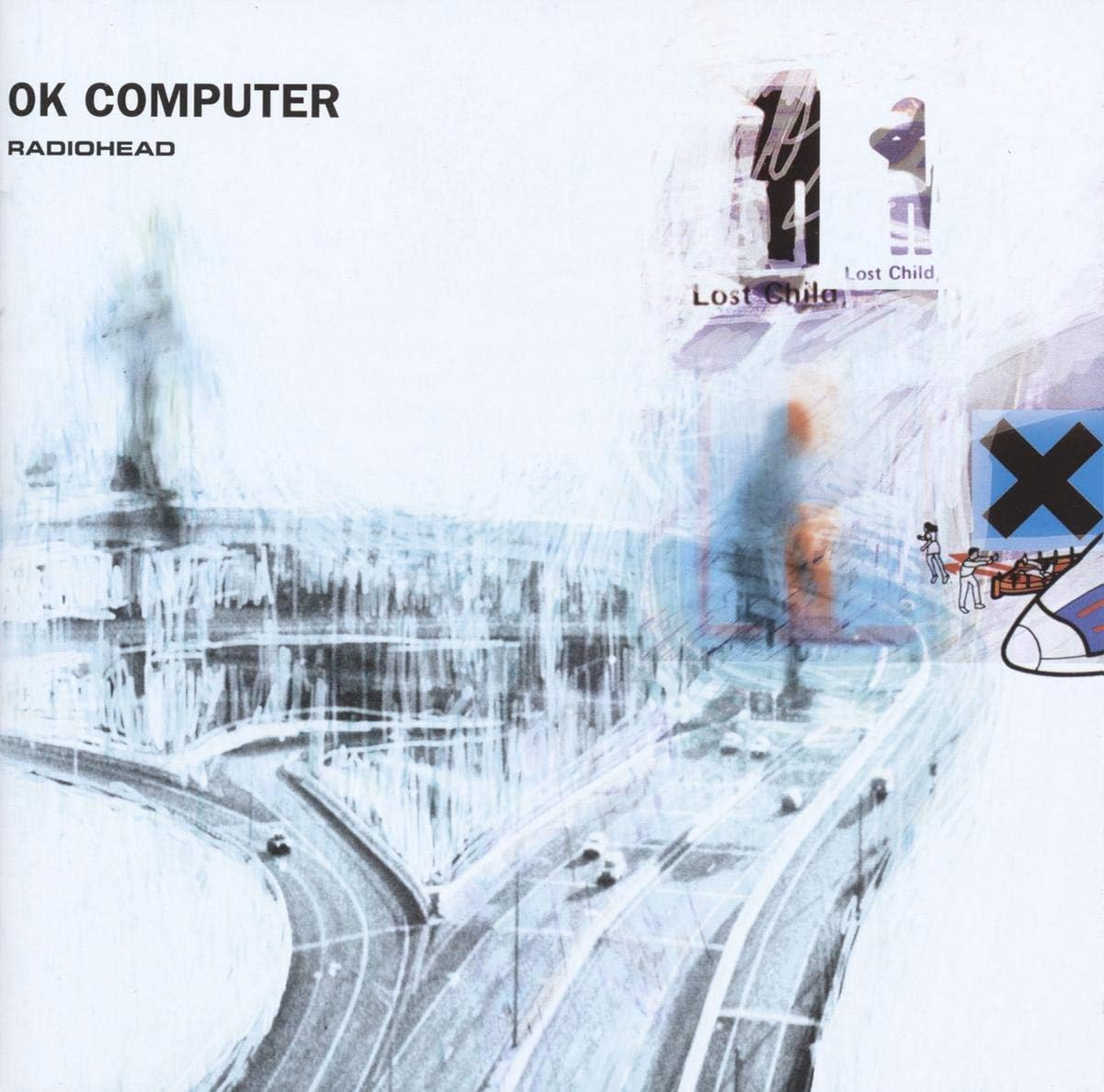 Album cover for 'OK Computer' by Radiohead with abstract design and text.