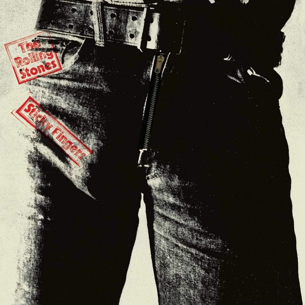 Album cover of 'The Rolling Stones' featuring a person wearing jeans with text overlay.