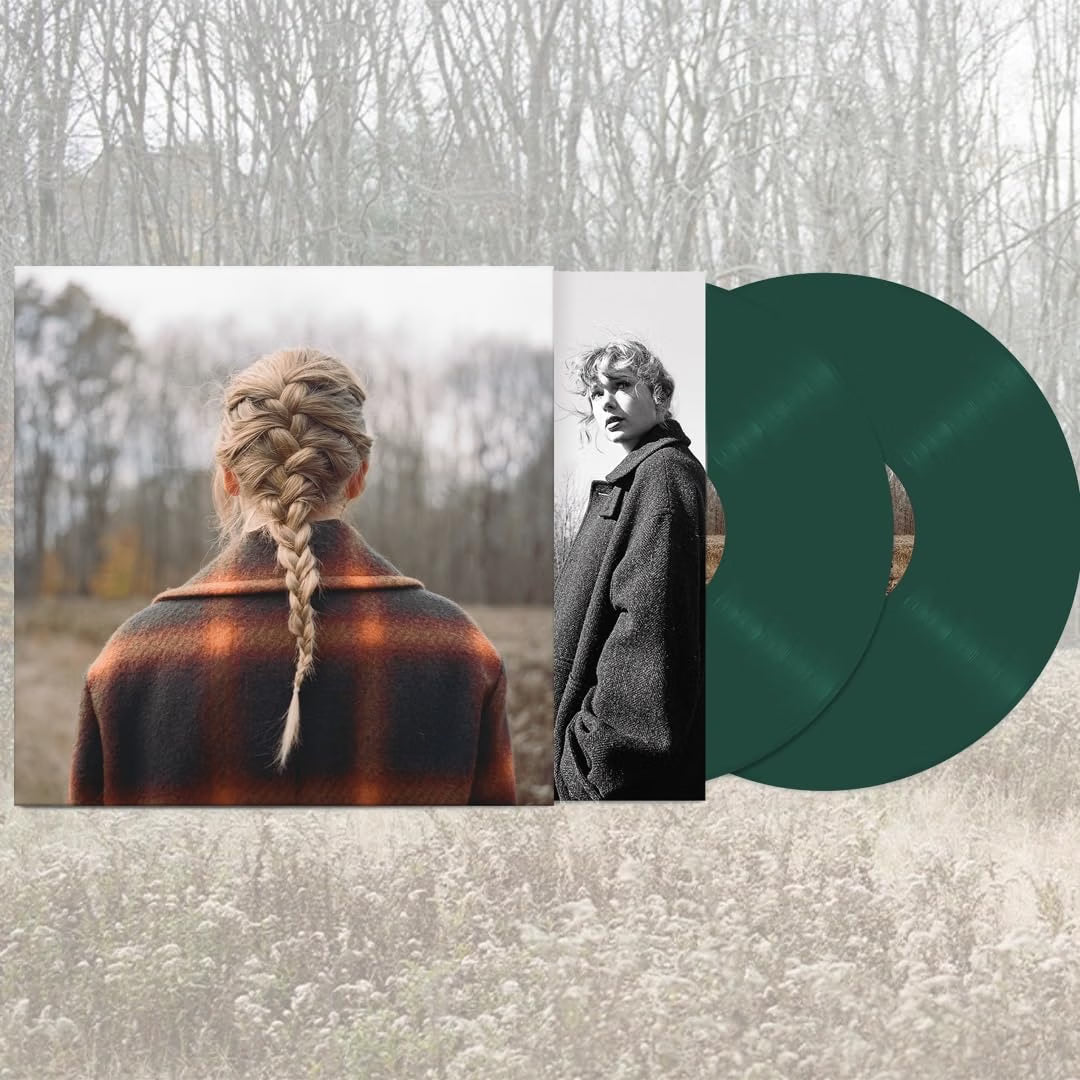The Album cover artwork for Taylor Swift's Evermore LP, also displaying the two green vinyl records set against a forest background