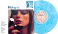 Taylor Swift 'Midnights' 12-inch vinyl record release, featuring the blue marbled vinyl disc alongside the album cover artwork on a white background.