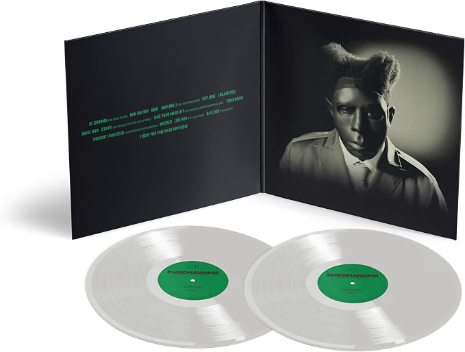 The unpacked Album displaying inner artwork and two white vinyl records from Tyler, The Creator's  - CHROMAKOPIA