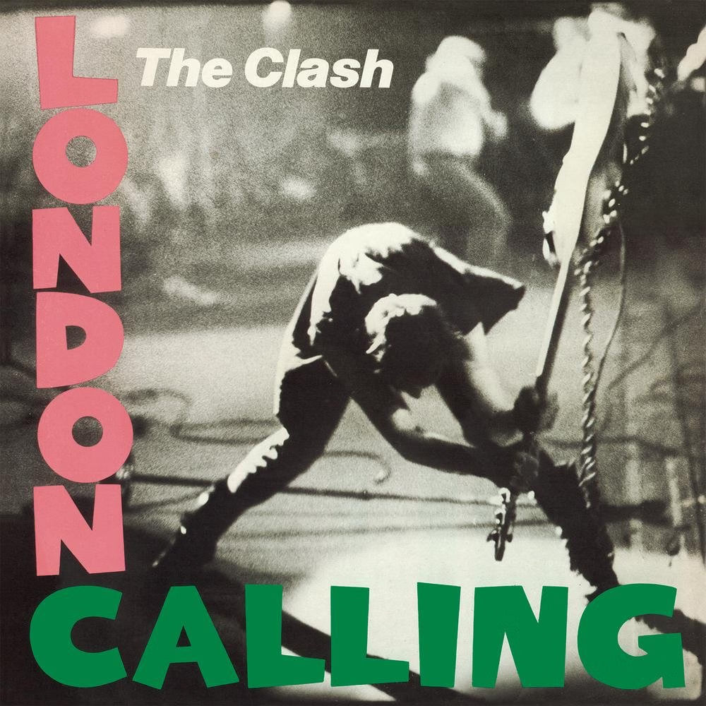 Album cover of 'London Calling' by The Clash with a person swinging a guitar.