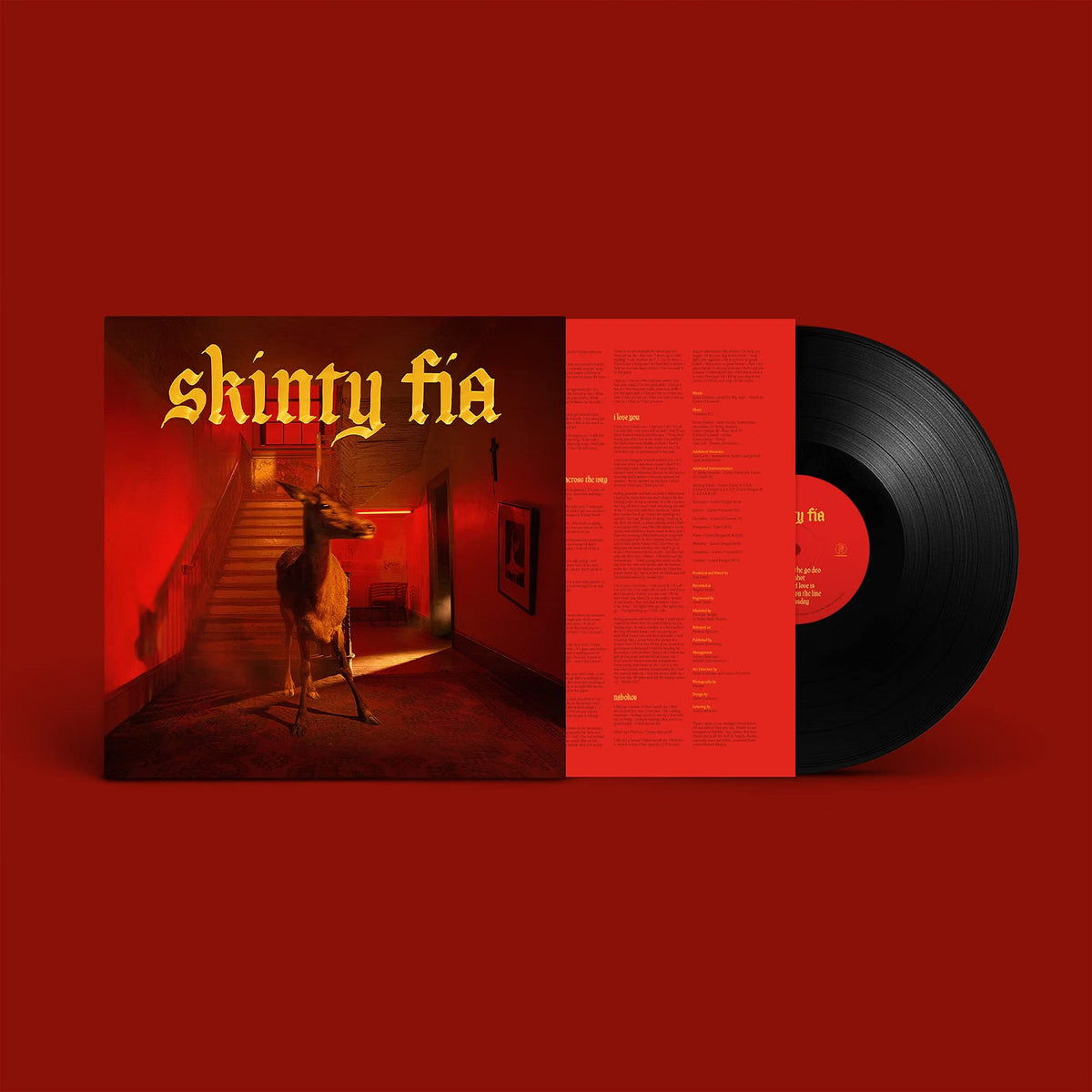 Vinyl record with a red cover featuring the text 'skinty fie' on a red background